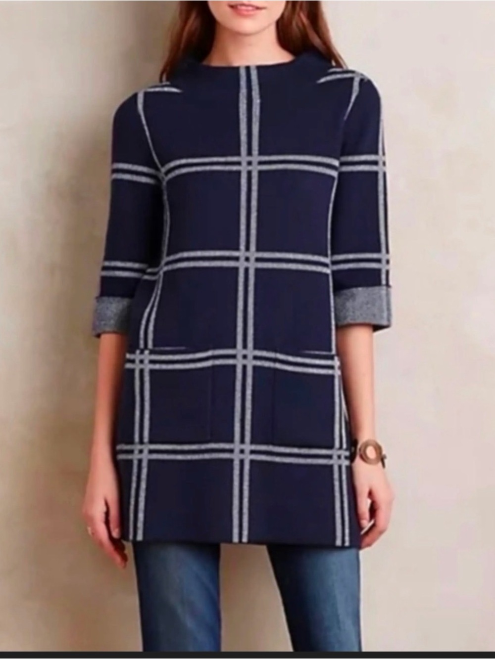 Anthropologie Moth Blue & White Wool Blend Tunic Sweater Dress Medium
